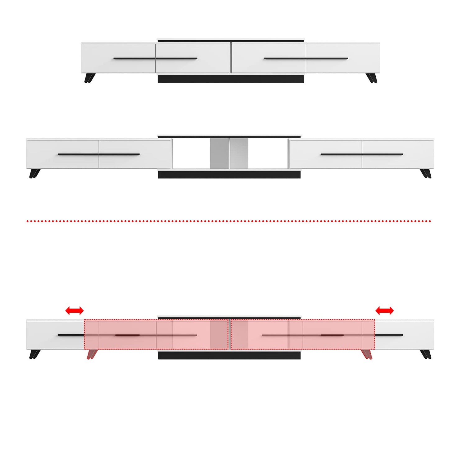 AIEGLE Deformable TV Stand with 4 Drawers, Modern Extendable TV Stand in Stretch for TVs up to 120", Wood Gaming Entertainment Center Media Stand with Adjustable Width, White (Wide 95"-134")