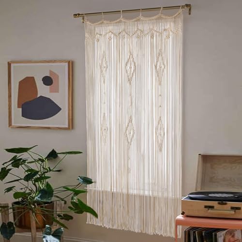 Macrame Curtain Long Cotton Window Panel Boho Curtains for Bedroom Wedding Backdrop Room Divider Doorway Closet Apartment 35''W x 70''L IOWER
