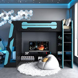 Ball & Cast Twin Size Gaming Loft Bed with Desk,Wood Gamer Bed Frame w/Shelves and RGB Light,Underbed Storage Space,Stairs,Full-Length Guardrail,Bedroom Furniture for Student Dorms,Cloud Blue Ball & Cast