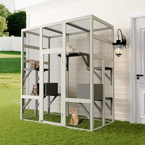 70" Large Outdoor Catio Cat Enclosure, Wood Cat Patio with Waterproof UV-Resistant Roof, Cats Shelter with 5 Platforms and 2 Resting Box, and Secure Rust-Proof Wire for Backyard or Patio IDEALHOUSE