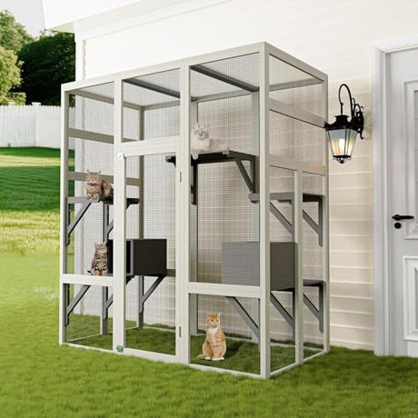 70" Large Outdoor Catio Cat Enclosure, Wood Cat Patio with Waterproof UV-Resistant Roof, Cats Shelter with 5 Platforms and 2 Resting Box, and Secure Rust-Proof Wire for Backyard or Patio IDEALHOUSE