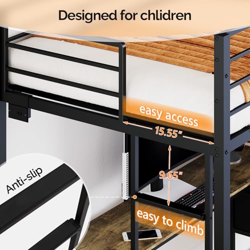 VINGLI Twin Metal Loft Bed Frame with 15 Inches Safety Guardrail, Non-Slip Ladder, 2 Charging Stations, L-Shaped Desk, Storage Shelve, 4 Drawers, LED Lights, for Kids, No Box Spring Needed, Black VINGLI