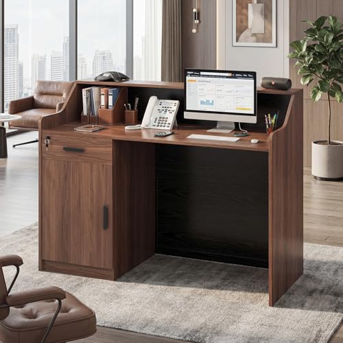 Reception Desk with Counter, Front Desk with Storage Cabinet and Drawer, 47 inch Modern Retail Counter with Cable Grommet for Checkout, Barber, Beauty Salon, Home Office ANGRYWIN