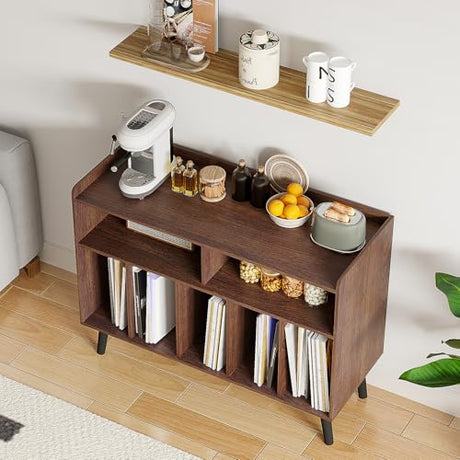ChooChoo Record Player Stand, Turntable Stand with Vinyl Storage, Record Player Cabinet Up to 350 Albums, Cube Storage Organizer for Living Room, Walnut ChooChoo