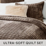 RECYCO Luxury Velvet Quilt Set King Size Bedding Sets, Ultra Soft Velvet Comforter Set, Lightweight Channel Box Stitch Oversized Bedspread Coverlet for All Season, with 2 Shams, Walnut Brown RECYCO