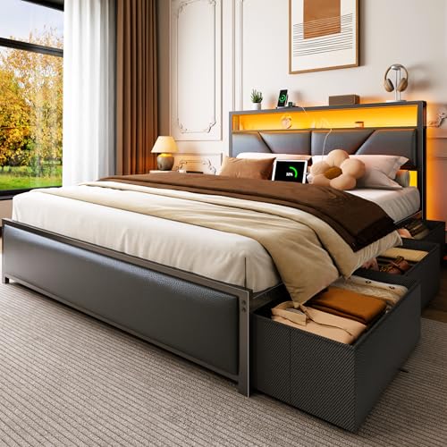 OURPIC Queen Bed Frame, 2-Tier Storage Headboard & 6 Drawers, PU Leather Upholstered Queen Size Platform Bed with Charging Station and LED Lights, No Box Spring Needed, Noise Free OURPIC