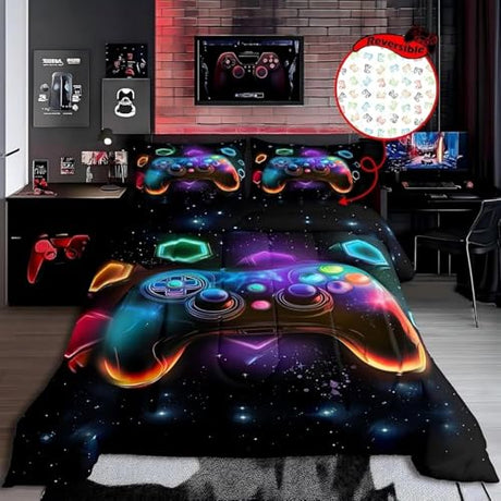 Erosebridal Game Consoles Gamer Bedding Set King Gamer Gifts,Gaming Comforter Sets for Boys Space Glow Geometric Kids Comforter Sets Boys Red Green Blue Teal,Teen Boy Room Decor Erosebridal