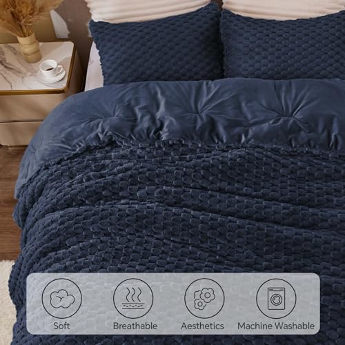 BEDELITE Fluffy Queen Comforter Set - Navy Blue Fleece Soft Comforter for Queen Size Bed, Luxury Warm Bedding Set for Winter, Fuzzy Bed Set 3 Pieces (1 Comforter, 2 Pillowcases) BEDELITE