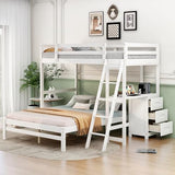 KTATK Twin Over Full Bunk Bed with Built-in Desk and Three Drawers,Pine Wood Convertible Twin Over Full L-Shaped Loft Bunk Bed Frame for Kids Teens Adults,White KTATK