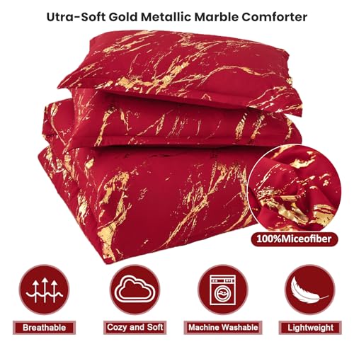 WONGS BEDDING Red Gold Metallic Marble Comforter Set King,Red Christmas Bedding Sets with 2 Pillowcases for All Seasons, Soft Microfiber Filling Bedding Duvet Set 103"x90"