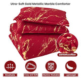 WONGS BEDDING Red Gold Metallic Marble Comforter Set King,Red Christmas Bedding Sets with 2 Pillowcases for All Seasons, Soft Microfiber Filling Bedding Duvet Set 103"x90"