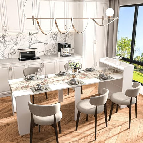 DMAITH 20"-99" White Extendable Dining Table with Storage for 2-10 People, Modern Modular Extension Table, Space-Saving Extra Long Folding Dining Table, Multifunctional Conference Meeting Table DMAITH