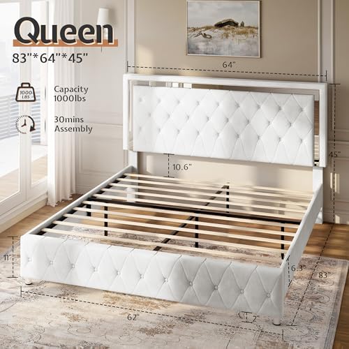 Jocisland Queen Bed Frame with LED Lights Headboard&Footboard, Velvet Upholstered Queen Size Platform Bed Frame No Box Spring Needed/White Jocisland