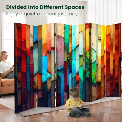 Wood Screen Room Divider Colorful Stained Glass Window Abstract Stained Glass Art Folding Screen Canvas Privacy Partition Panels Dual-Sided Wall Divider Indoor Display Shelves 6 Panels HABEN ARTWORK
