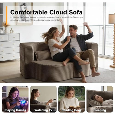 78" Full Size Convertible Futon Sofa Bed, Plush Corduroy Folding Sleeper Sofa Bed with Pillow, Foam Mattress Futon Loveseat Couch, No Assembly Floor Couches for Living Room, Playroom, Apartment, Brown extrasleep