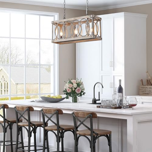 PHILOMENA Antique Wood Farmhouse Chandelier, 3-Light Rustic Bronze Cage Rectangular Dining Room Light Fixtures Over Table, Rectangle Linear Foyer Pendant Lamp Ceiling Hanging