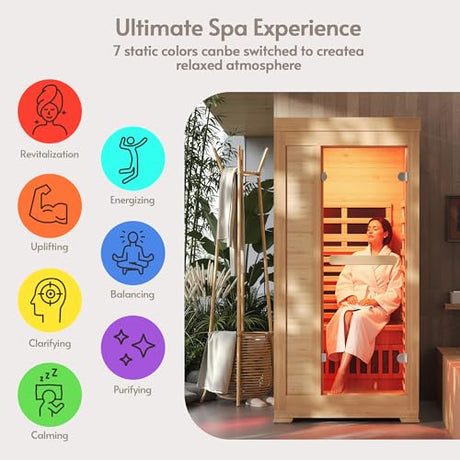ENSTVER Infrared Wood Sauna 6.4Ft 1-2 Person, Luxury Full Spectrum Far Infrared Sauna Features Low EMF 1745w 7-Light Dynamic & Music Speakers, Canadian Hemlock Dry Indoor Saunas for Home & Gym ENSTVER