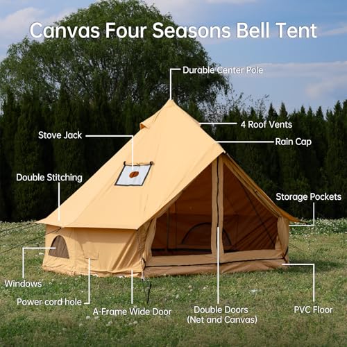 WaldZimmer Canvas Bell Tent 10ft Ginger with Stove Jack and Zipped Removable Floor, Luxury Outdoor Glamping Yurt Cotton Tent for Family Truck Car Camping Hunting Party WaldZimmer