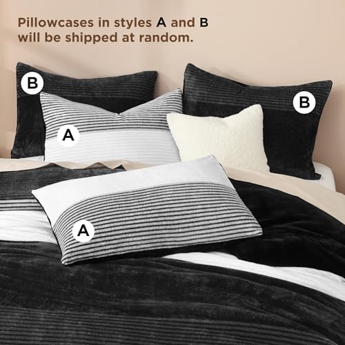 Litanika Fluffy Fleece Queen Comforter Set, Luxury Soft Plush Fuzzy Black & White Stripe Bedding Comforter Sets, Warm Shaggy Faux Fur Bed Set All Season (1 Comforter, 2 Pillowcases) Litanika