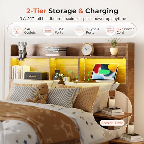 RAYROMAN Full Size Bed Frame with 2-Tier Storage Headboard, LED Lights, Charging Station, 2 Drawers, 800lbs Capacity, Wood & Metal Platform, Noise-Free, No Box Spring Needed, Barn Door Design RAYROMAN