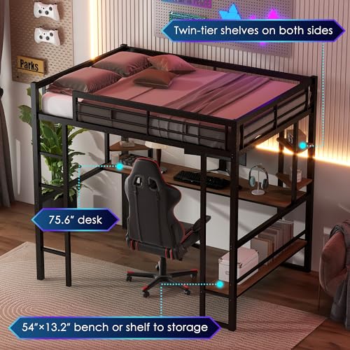 SOFTSEA Heavy-Duty Full Size Metal Loft Bed with Integrated Desk and Storage Shelves - WoodArtSupply