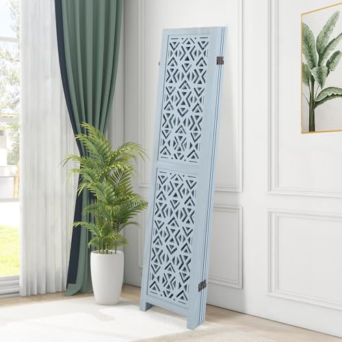 Giantex Room Divider 6 Panels - Boho Room Dividers with Carved Cutout Pattern & Solid Wood Frame, Fully Assembled, 65'' Folding Privacy Screen Partition Wall Divider for Room Separation, Light Blue Giantex