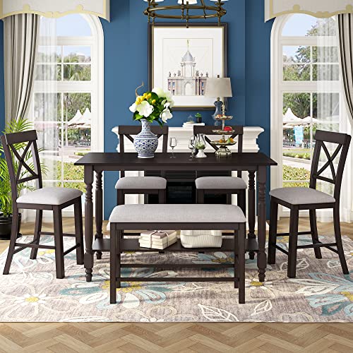Merax 6 Pieces Counter Height Dining Table Set, Wood Rectangular Table and 4 Chairs and Bench, Kitchen Dining Table Chairs Set for 6 Persons (Espresso) Merax