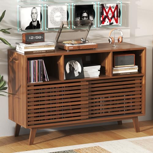 47" Large Record Player Stand with Sliding Doors, Mid Century Modern Vinyl Record Storage Display Cabinet Up to 350 LPs, Turntable Media Console for Living Room Bedroom(Walnut) Forrelaxis