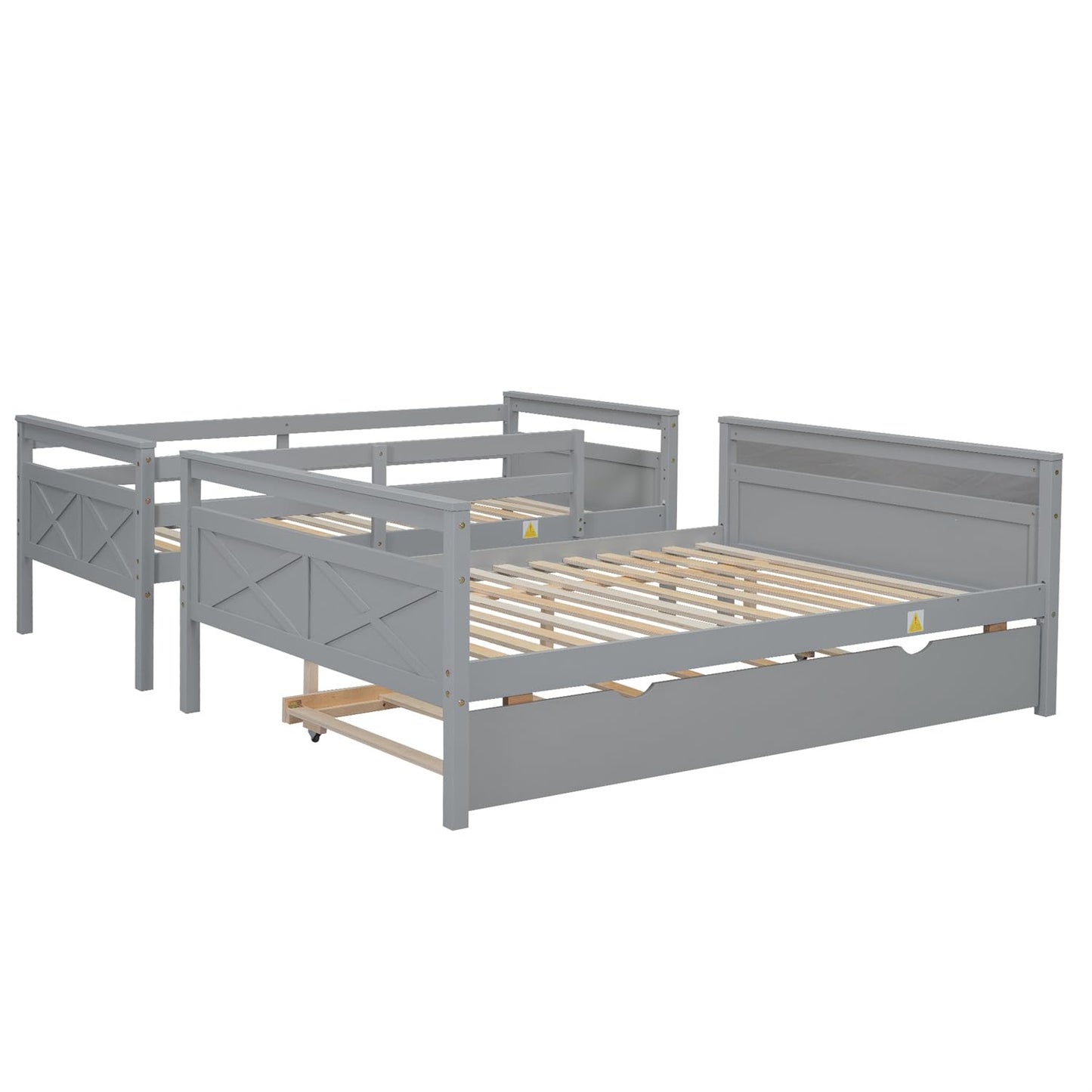 Merax Grey Twin Over Full Solid Wood Trundle Bunk Bed with Guardrail and Ladder - WoodArtSupply