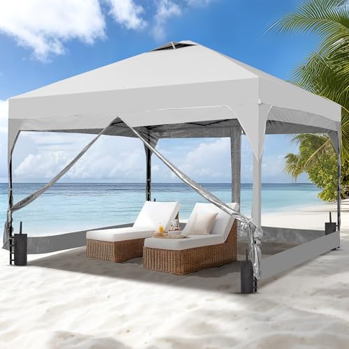 GDY 10x10FT Pop Up Canopy Tent with One Push Setup, Easy Setup Gazebo with 4 PVC Transparent Sidewalls for Events, Parties, Camping, White. GDY