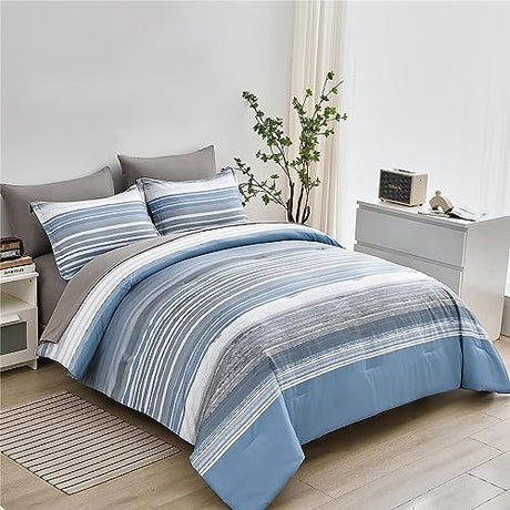 KAKIJUMN 5 Piece Bed in a Bag Stripe Comforter Set Twin Size, White Grey Blue Striped Comforter and Sheet Set, All Season Soft Microfiber Complete Bedding Set(Light Blue,Twin) KAKIJUMN