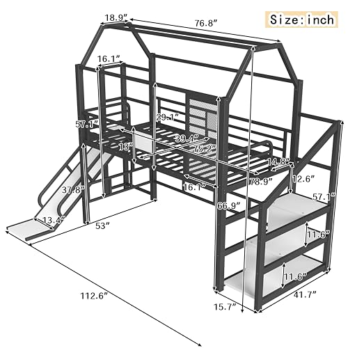 Bellemave Twin Size Metal House Loft Bed with Slide and Stairs,Heavy Duty Playhouse Loft Bed Frame with Storage Shelves for Kids,Teens,Adults,Black Bellemave