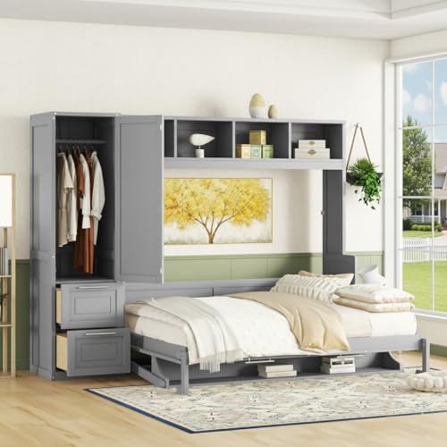Ball & Cast Murphy Bed Queen Size Wall Beds with Closet and Storage Drawers,Wood Hideaway Platform Bedframe w/Lock,can be Folded,Easy Assembly,for Kids Bedroom,Student Dorms,Gray Ball & Cast