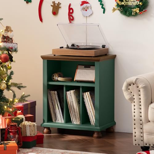 Joaxswe Record Player Stand with Vinyl Record Storage, 24" Wide Mid-Century Record Player Table Up to 200 Albums,Large Wood Turntable Stand Cabinet Dispaly Shelf for Living Room,Bedroom,Green Joaxswe