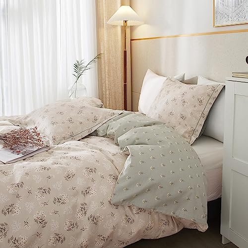HighBuy Boho Floral Duvet Cover Full Cotton Aesthetic Bedding Set,Comforter Cover 3 Piece,Reversible Green Garden Lightweight,Soft,Zipper Closure,Breathable,All Season HighBuy