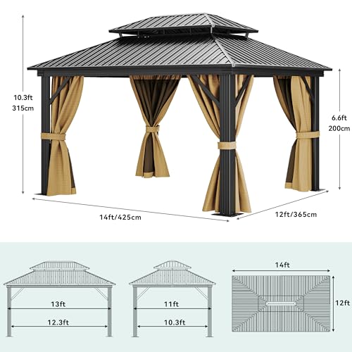 YITAHOME 12x14ft Gazebo Hardtop Double Roof Outdoor Heavy Duty w/Nettings and Curtains, Upgraded Aluminum Canopy Column Galvanized Steel Vertical Stripes Roof for Patio, Backyard, Deck, Lawns - WoodArtSupply