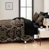 WONGS BEDDING Black Comforter Set California King Size, Gold Damask 7 Pieces Bed in a Bag Microfiber Comforter Bedding Sets -1 Comforter, 1 Flat Sheet, 1 Fitted Sheet, 2 Pillow Shams, 2 Pillowcases WONGS BEDDING