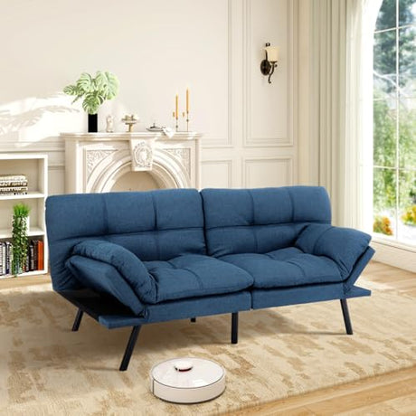 MUUEGM Futon Sofa Bed Memory Foam Navy Blue Futons Modern Office Couch Sleeper Bed Convertible Love seat Sofa for Small Spaces,Apartment,Office with Adjustable Armrest Backrest MUUEGM