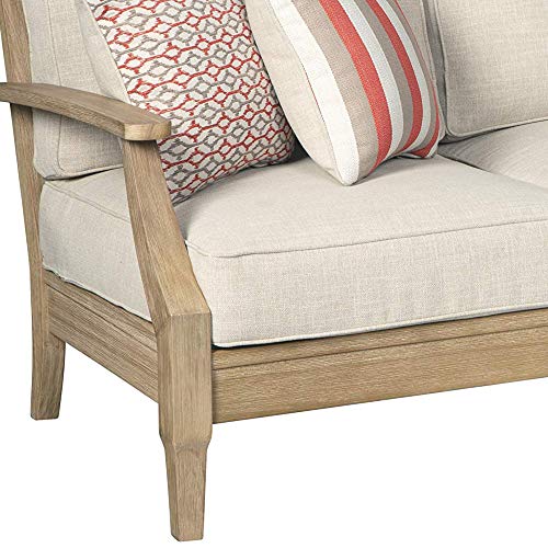 Signature Design by Ashley Clare View Coastal Outdoor Patio Eucalyptus Sofa with Cushions, Beige - WoodArtSupply