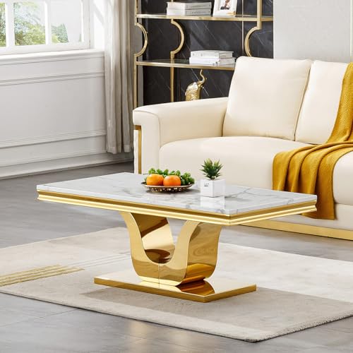 SSLine Modern White Marble Coffee Table with U-Shape Gold Stainless Steel Base Luxury Faux Marble Cocktail Center Table for Living Room Bedroom Home Office (1 Coffee Table) SSLine
