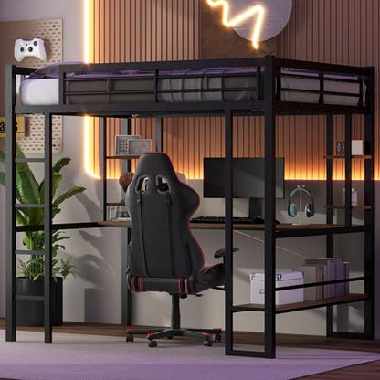 SOFTSEA Heavy-Duty Full Size Metal Loft Bed with Integrated Desk and Storage Shelves - WoodArtSupply