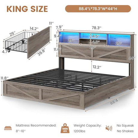 VIAGDO Farmhouse Bed Frame King Size with Bookcase Storage Headboard, Charging Station and LED Lights, Wooden King Bed Frame with 4 Drawers, Barn Door Design, No Box Spring Needed, No Noise, Grey VIAGDO