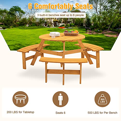 Ufurpie 6 Person Round Picnic Table,Outdoor Wooden Round Picnic Tables w/3 Built-in Benches,Umbrella Hole,Outside Table and Bench Set for Ufurpie