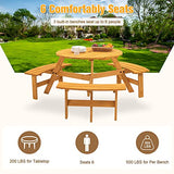 Ufurpie 6 Person Round Picnic Table,Outdoor Wooden Round Picnic Tables w/3 Built-in Benches,Umbrella Hole,Outside Table and Bench Set for Ufurpie
