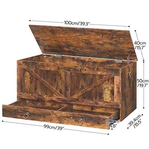 HOOBRO Storage Chest, Storage Trunk with Drawer, Wooden Storage Bench, Sturdy Entryway Bench Supports 220 lb, Shoe Bench, Safety Hinge, U-Shaped Opening, Easy Assembly, Rustic Brown FG710CW01 HOOBRO