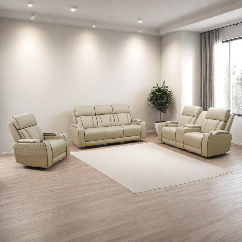 AYCP Furniture Power Recliner Set with LED Lights, Quilted Air Leather Reclining Set with USB Port/Storage/Cup Holder/Reader Light for House/Home Theater/Apt/Rv/Office (Beige, 3PC Full Set) AYCP Furniture