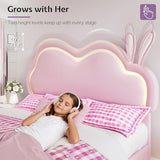 Jocisland LED Twin Bed Frame for Girls Upholstered Floating Bed with Cute Cloud Headboard, No Box Spring Needed, Leather, Pink Jocisland