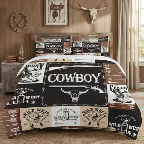 WeCozy Full Size Comforter Set with 2 Pillowcases, Country Retro Animal Soft 3 Pcs Bedding for Kids and Adults, Vintage Cowboy Western Comforter Set for Bedroom Bed Decor WeCozy