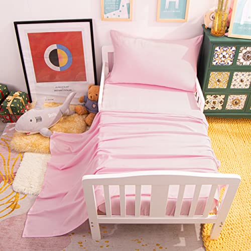 NTBAY Toddler Bedding Set - 4 Piece Soft and Breathable Crib Bedding Set for Boys and Girls, Includes Quilted Comforter, Fitted Sheet, Flat Top Sheet and Envelope Pillowcase, Pink NTBAY