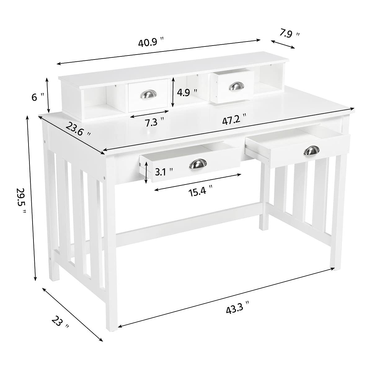 Yaheetech 47 in Large Writing Computer Desk with Drawers Home Office Desk, Wood Frame Secretary Desk for Home Office with Large Desktop, Modern Workstation with Removable Floating Organizer, White Yaheetech